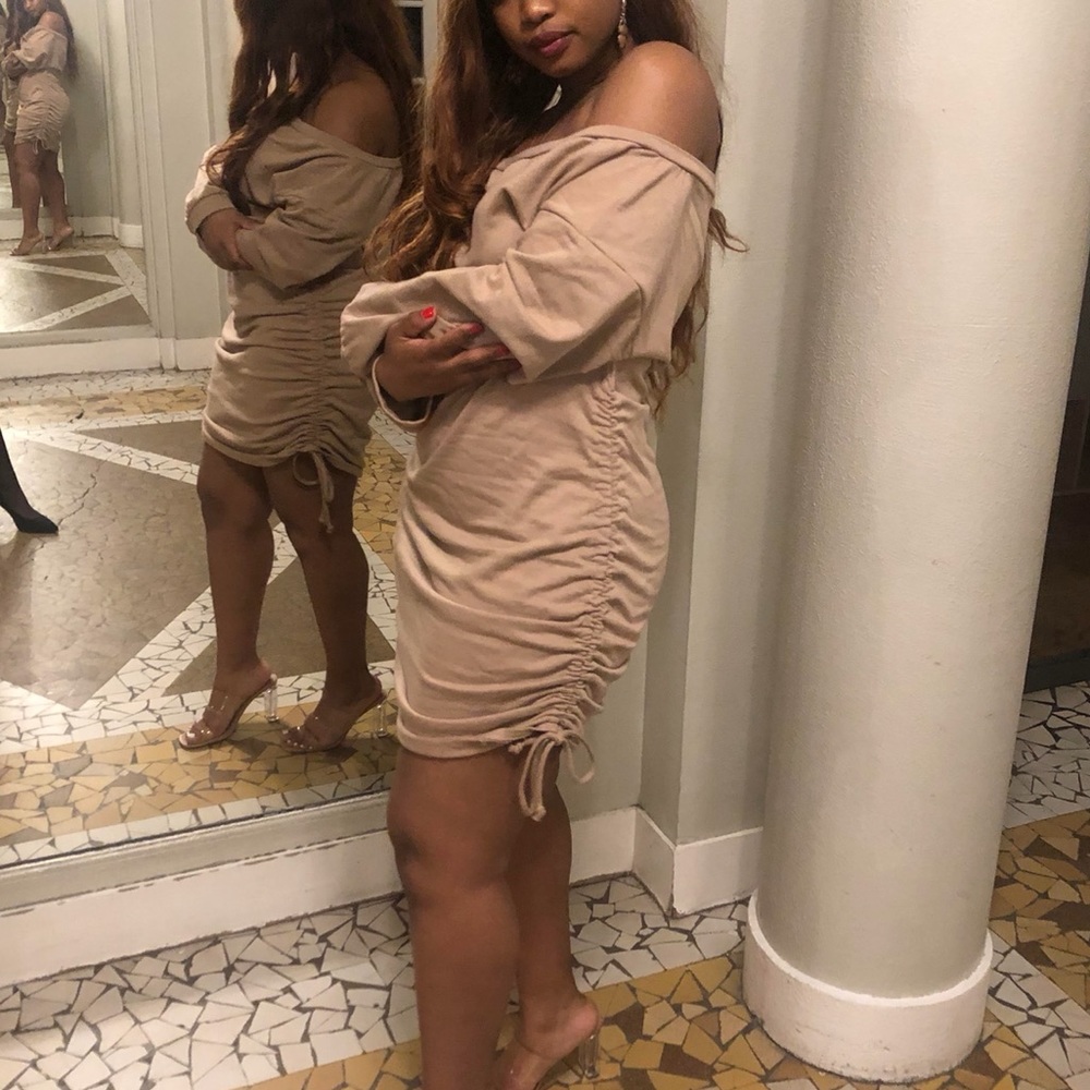 Nude Bardot Ruched Sweater Dress 🥠